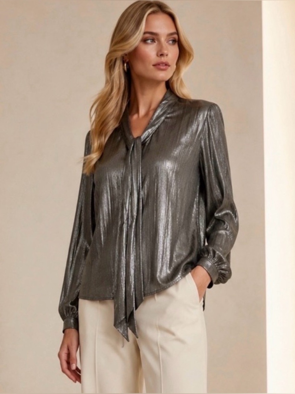 BEULAH STYLE Metallic Shimmer Silver Brown Long Sleeve Bowtie Button Blouse Sz M